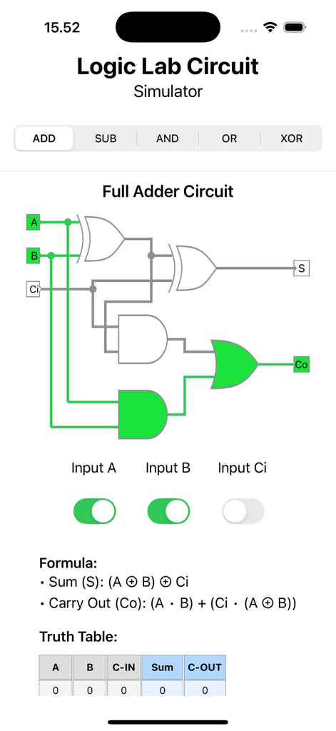 LogicLabCircuit - Logic Lab Circuitアプリのインターフェイス。論理ゲートと入力トグルを備えた全加算器回路シミュレーションを表示しています