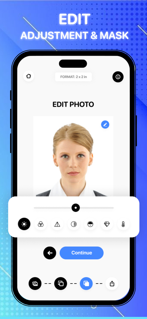 ID Photo: Passport Photo - Interface of the ID Photo app showing adjustment tools like brightness and masks for a 2x2 inch passport photo.
