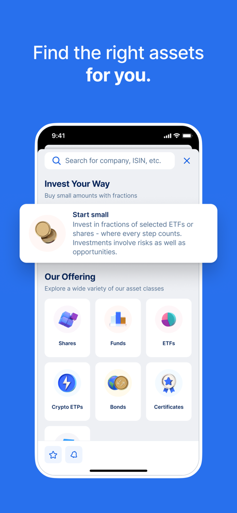 George Banking-App-Investitionsbildschirm, der Anlageklassen wie Aktien, Fonds und ETFs mit Bruchteilhandelsoptionen zeigt
