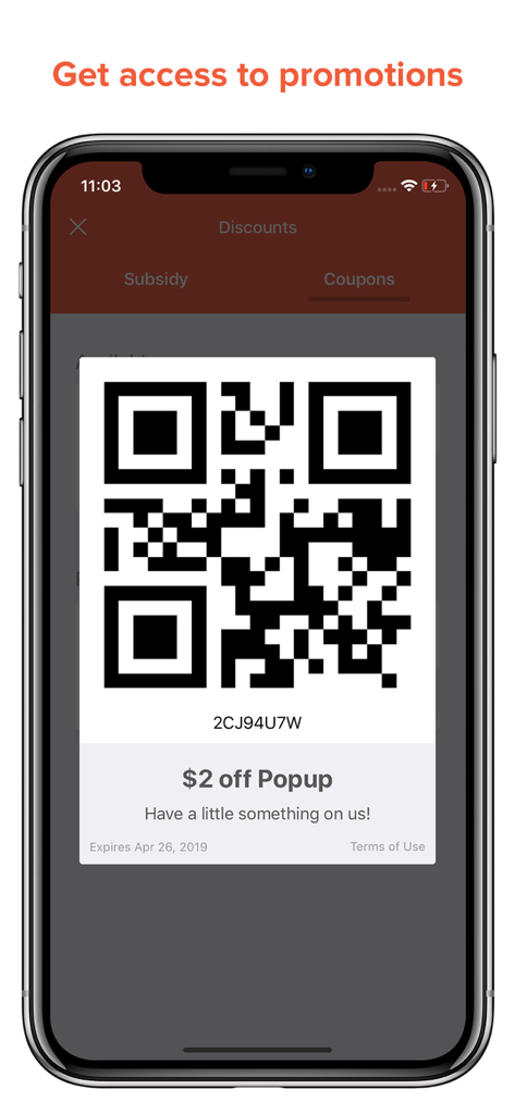 Pantalla de teléfono inteligente que muestra un código QR para un cupón de dos dólares de descuento en la aplicación Fooda.