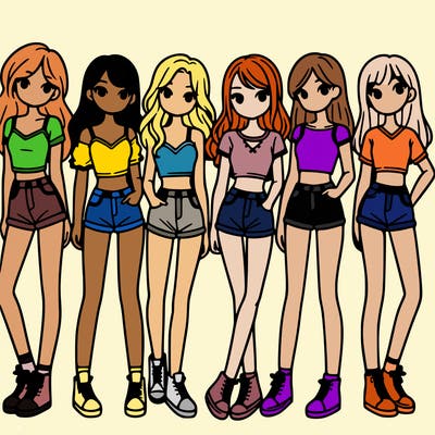 a group of girls wearing crop tops and shorts