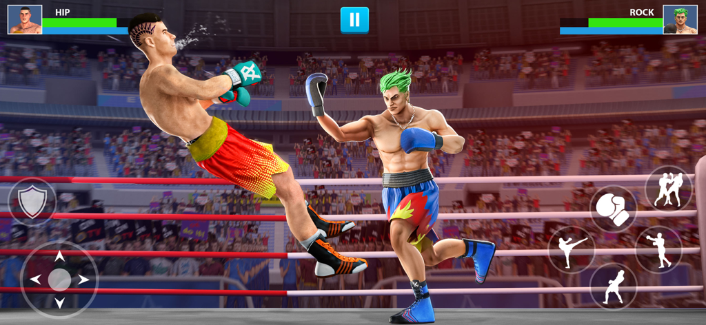 Un combate 3D de kickboxing en progreso con dos luchadores en un ring de boxeo