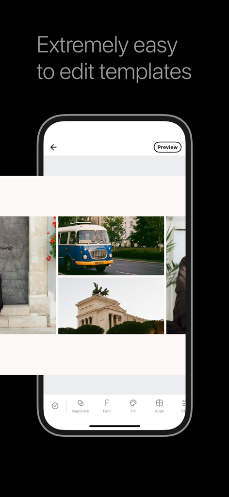 Panorama Scroll Carousel Maker - Caro 앱에서 인스타그램 캐러셀 템플릿을 편집하기 위한 사용자 인터페이스