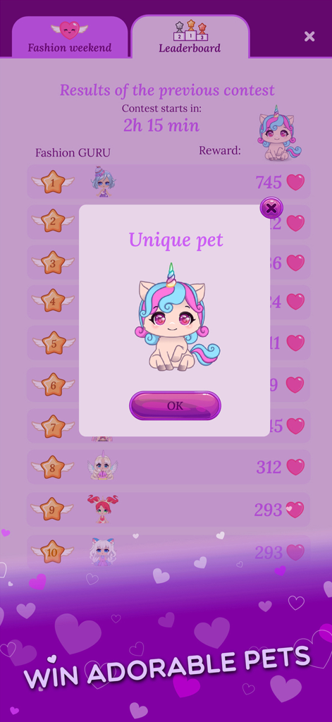 Chibi Dress Up Beauty Salon - Quadro de líderes de concurso de moda no Chibi Dress Up Beauty Salon mostrando um prêmio exclusivo de animal de estimação unicórnio