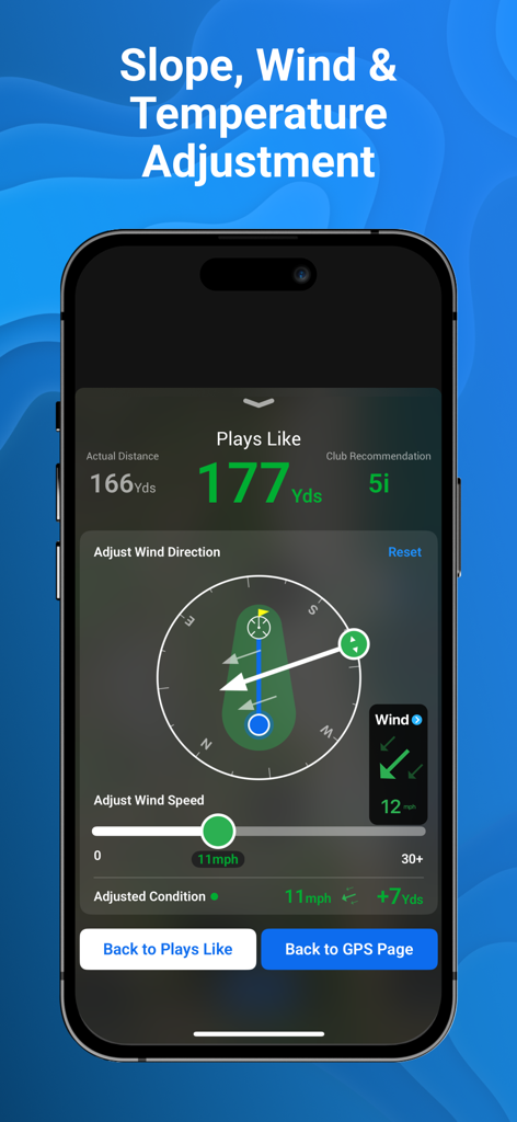 18Birdies App-Oberfläche mit Wind- und Höhenanpassung für 'Plays Like'-Golfdistanzen