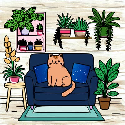 cat on a sofa in a room full of plants