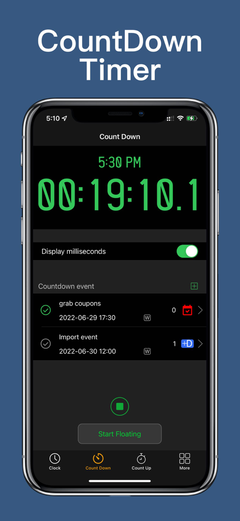 LCT Floating Timer - Stopwatch - Digital countdown timer interface showing millisecond precision and scheduled events for shopping and tasks.