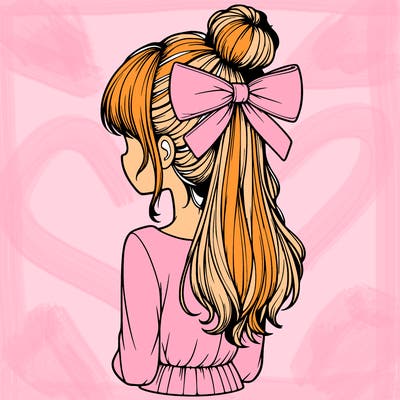 realistic girl  with hip length hair a bun and a big bow on the back of head