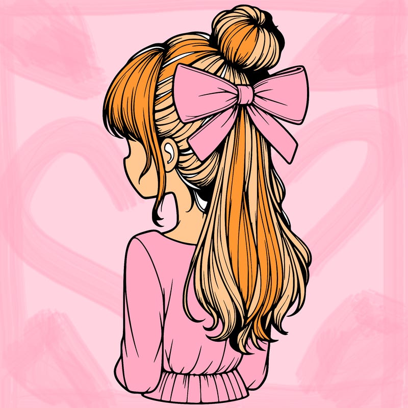 realistic girl  with hip length hair a bun and a big bow on the back of head