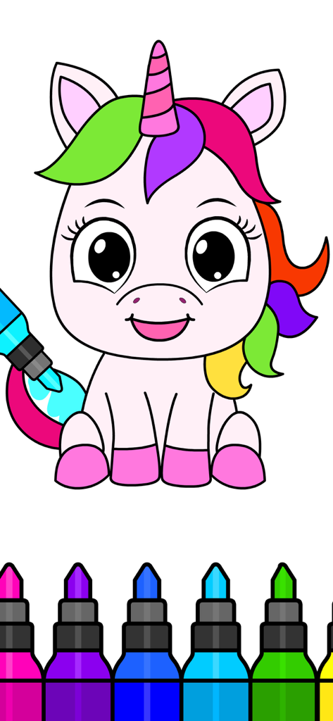 Un unicorno dei cartoni animati che viene colorato con pennarelli digitali in un gioco educativo per bambini