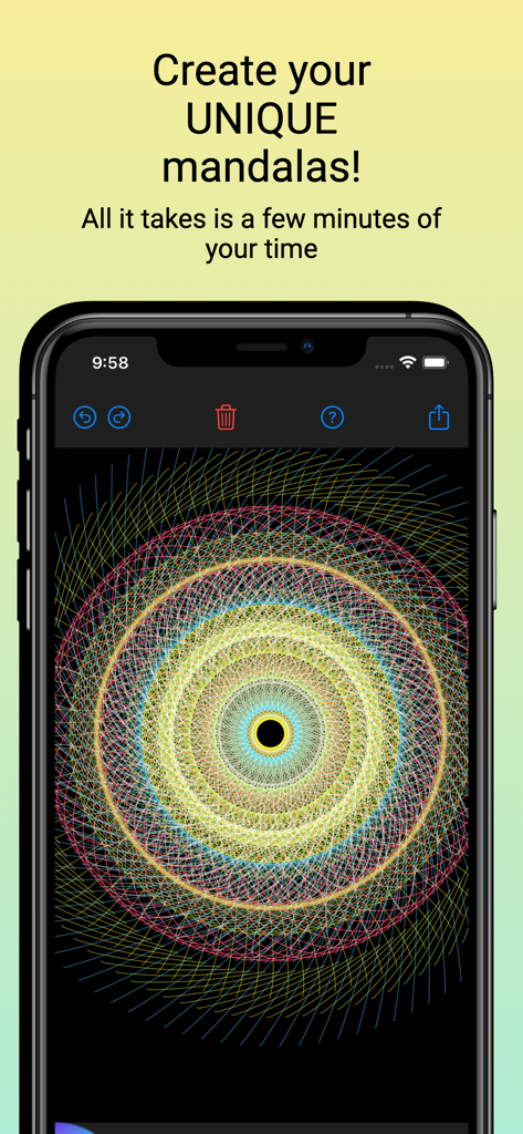 Simetria - Simetria mobile app interface showing a complex colorful mandala on an iPhone
