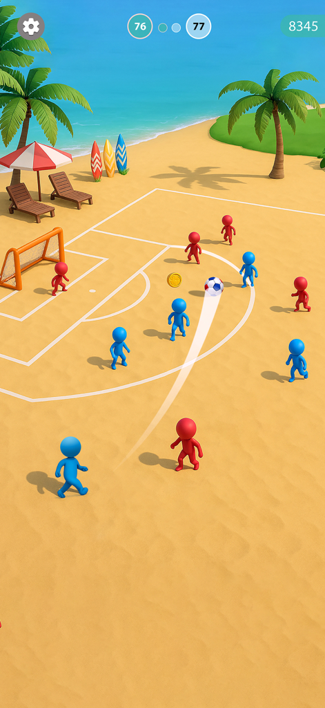 Kick to Score - Gameplay of Kick to Score showing a soccer ball following a drawn path on a beach level
