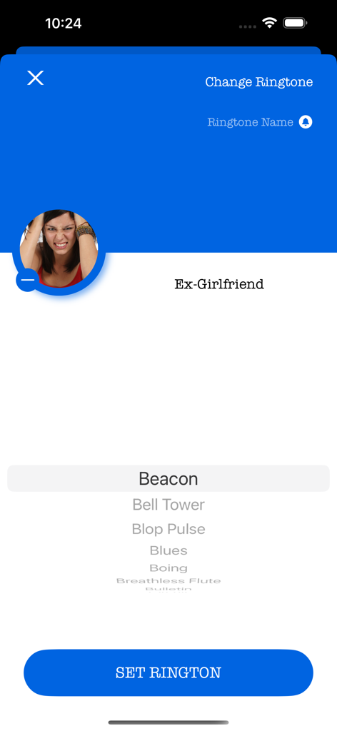 Who's Calling Prank Phone Call - Pantalla de selección de tono de llamada para una llamada falsa de una exnovia