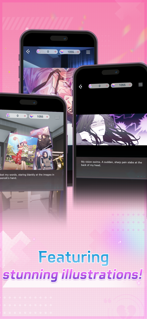 Couple Breaker: Romance Otome - カップルブレイカー ロマンス乙女のモバイルゲームスクリーンショット。様々な高品質のアニメキャラクターイラストとビジュアルノベルのストーリーシーンを紹介。