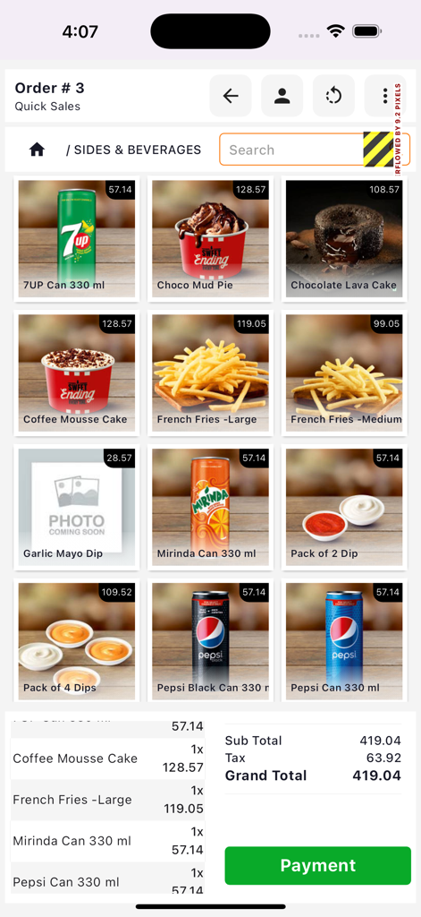 Restro POS mobile interface displaying a menu grid of beverages and desserts with an order summary and payment button
