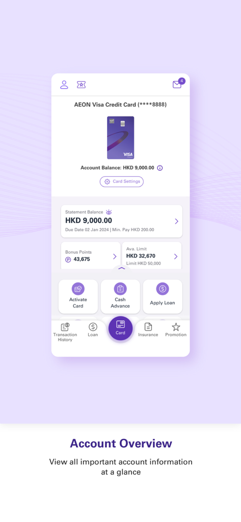 AEON HK - Interface de visão geral da conta do aplicativo móvel AEON HK exibindo o saldo do cartão de crédito e o limite disponível