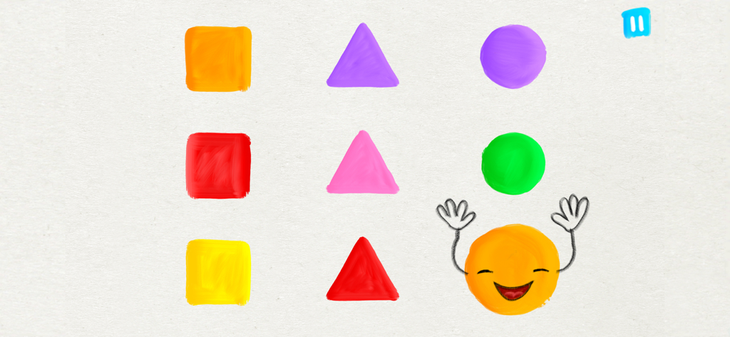 Kids Baby games for toddlers - Educational screen with colorful hand-drawn shapes and a smiling character for toddlers