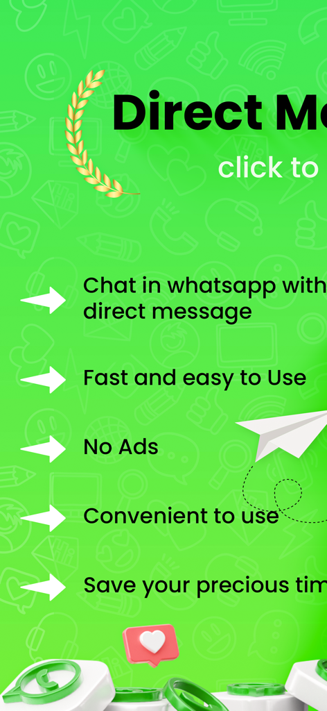 Direct Message Click to Chat - Resumen de las funciones de la aplicación, incluyendo chat directo de WhatsApp y sin anuncios