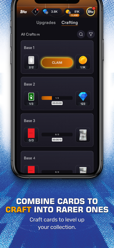 Interface de criação do aplicativo NBA Collect para combinar cards
