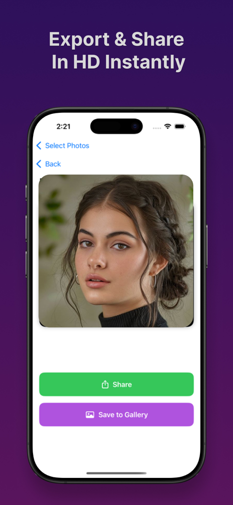 Interface do aplicativo AI Video Studio mostrando opções para compartilhar ou salvar um vídeo HD na galeria