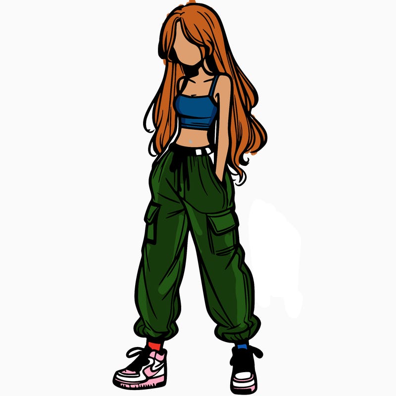 girl in baggy pants crop top and long hair