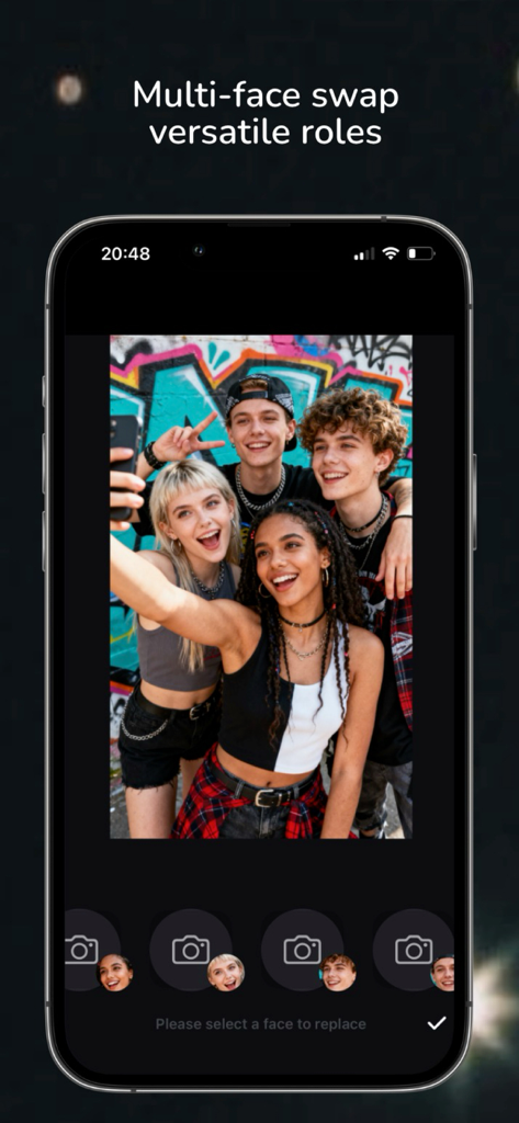 iReface – AI Face Swap Maker - A smartphone showing the iReface app interface for swapping multiple faces in a group photo.