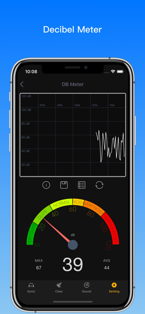 Interface of the decibel meter tool in the Sonic Master app showing a sound level gauge and frequency graph