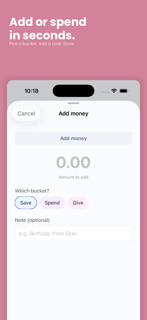 AllowanceKit - AllowanceKit app interface for adding money to child allowance buckets like Save Spend and Give