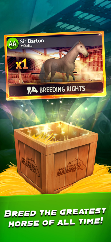 A horse breeding rights card emerging from a glowing wooden crate with text that says breed the greatest horse of all time.