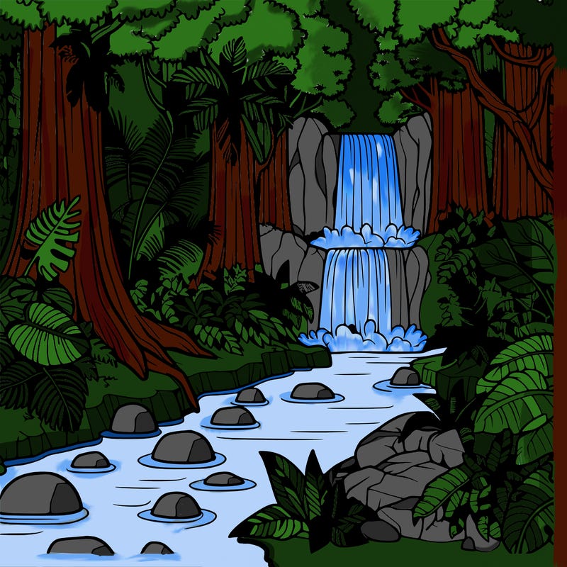 rainforest with exotic plants, waterfall