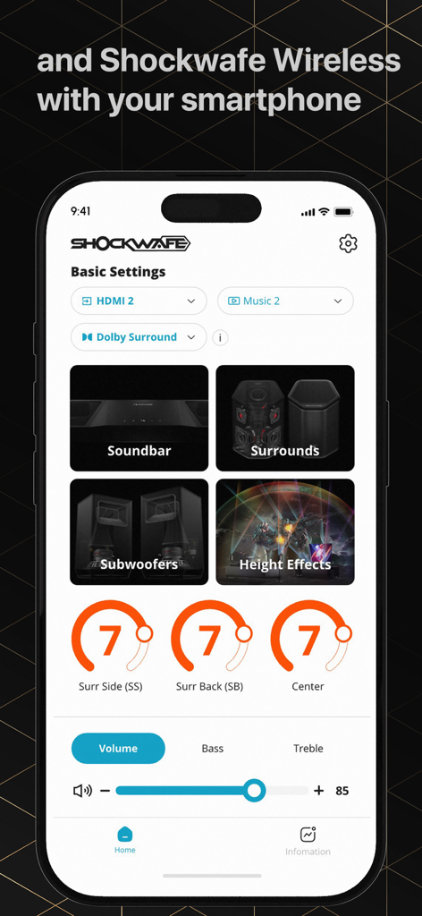 Interfaz de la App de Control Remoto Nakamichi que muestra configuraciones de audio para un sistema de sonido envolvente Shockwafe.