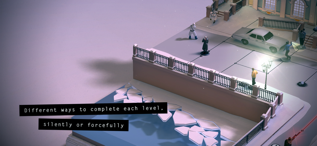 Hitman GO turn-based strategy gameplay in a diorama-style embassy level featuring Agent 47