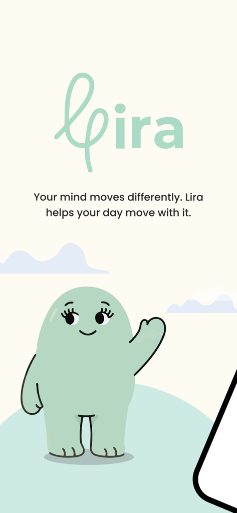 Lira for Neurodivergent Women - Lira app welcome screen with a friendly waving character and neurodivergent support tagline