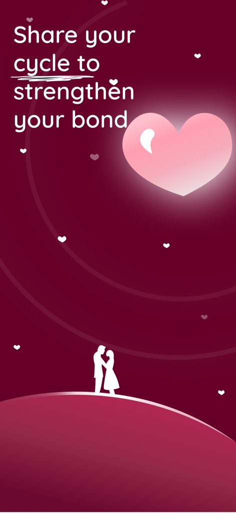 A marketing screen for the Life app featuring a large heart and a couple silhouette with text about sharing cycles to strengthen bonds.