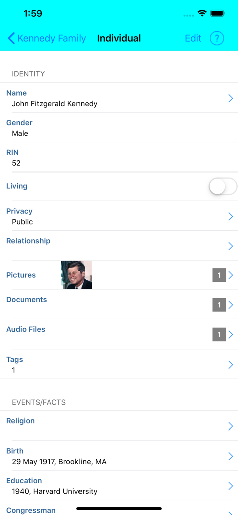 Families - Individual profile view in the Families app showing biographical data and life events.