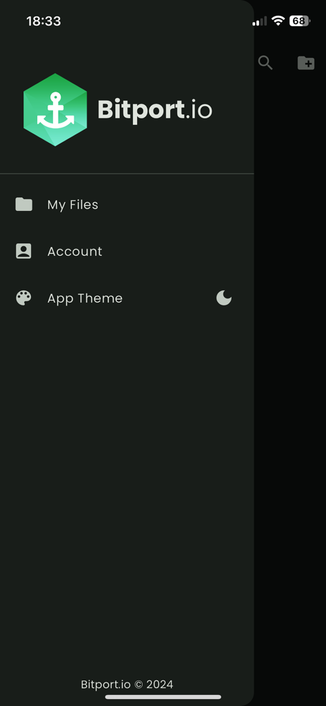 Sidebar menu of the Bitport iOS app showing My Files and Account navigation options.