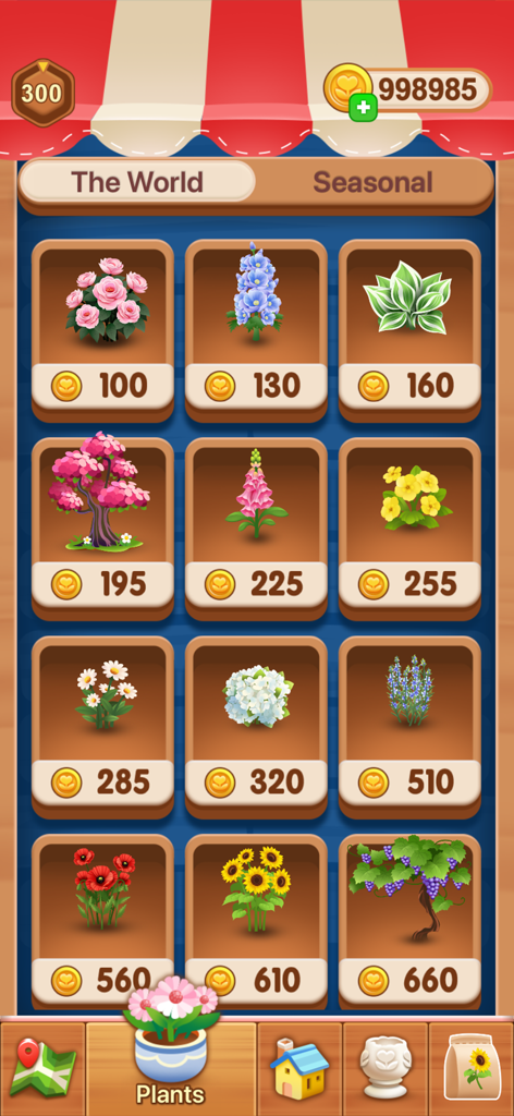 Cozy Garden - Plant Paradise - Interfaz de tienda en Cozy Garden que muestra varias flores y plantas coloridas para comprar con monedas.