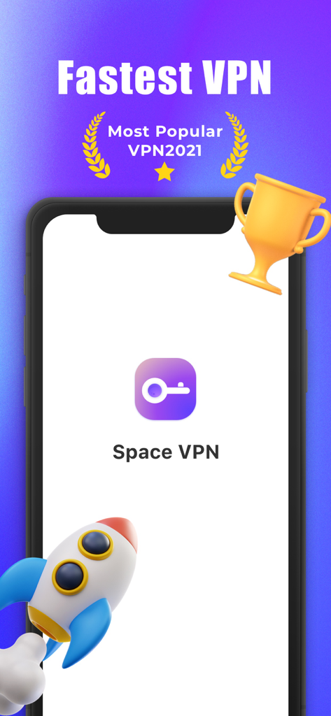 Imagem promocional do Fast VPN mostrando um foguete decolando e um selo de prêmio "mais popular"