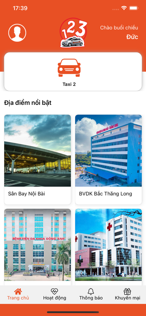 Taxi 123 - App - Interfaz de la aplicación Taxi 123 mostrando destinos populares en Vietnam como el Aeropuerto de Noi Bai y hospitales locales