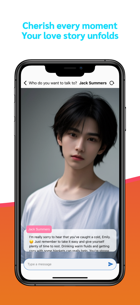 AI Boyfriend:Love Chat Partner - AI彼氏アプリのチャットインターフェース。ジャック・サマーズという名前の仮想パートナーが、サポート的なメッセージを送っている。