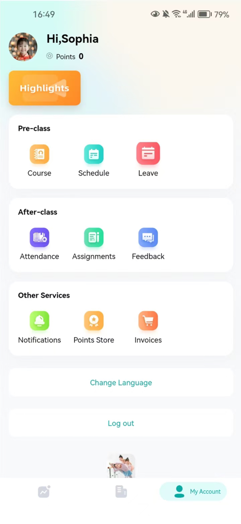 Artstep Student-Manage Classes - Dashboard dell'account utente dell'app Artstep Student che mostra orari delle lezioni, compiti e impostazioni dell'account