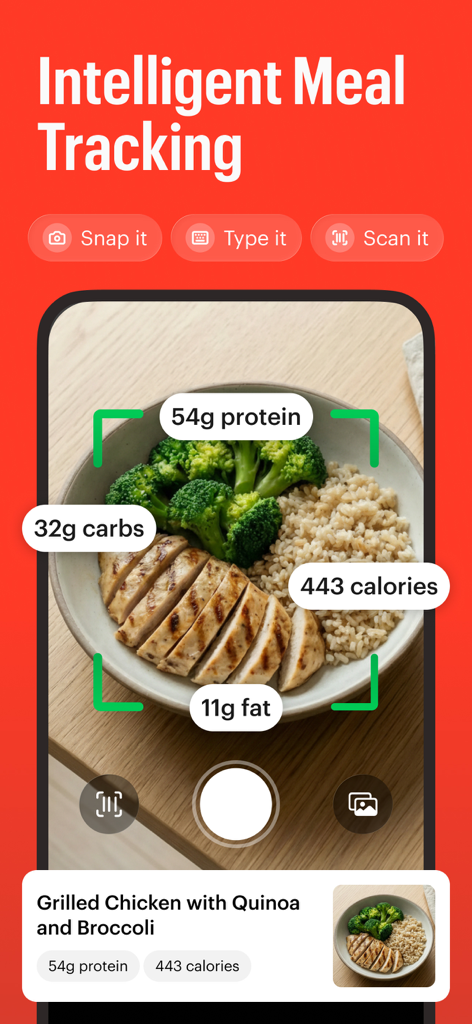 Zero: Fasting & Food Tracker - Interfaz de la aplicación Zero que muestra el seguimiento inteligente de comidas con registro de fotos con IA para macros y proteínas.