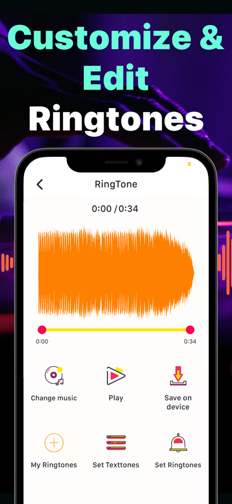 Ringtone Maker - Ringtones - Pantalla de la aplicación de iPhone para personalizar y editar tonos de llamada móviles utilizando una forma de onda de audio