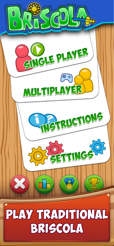 Briscola Online - Menu principale dell'app Briscola Online che mostra le modalità di gioco per giocatore singolo e multigiocatore.