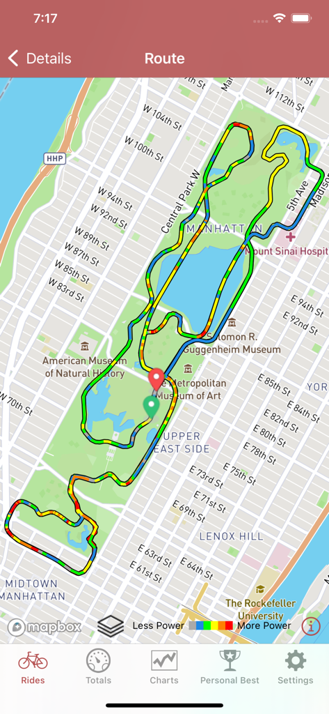 BikeSmart - BikeSmart app screen showing a cycling route map in Central Park with power data visualization