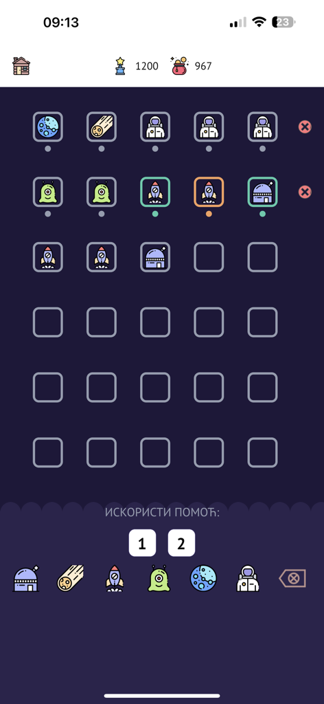 Tela do aplicativo móvel Elemental Mini mostrando um quebra-cabeça de lógica com ícones temáticos espaciais como foguetes, astronautas e alienígenas