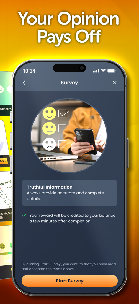 Testerup app survey screen with feedback emojis and the headline Your Opinion Pays Off