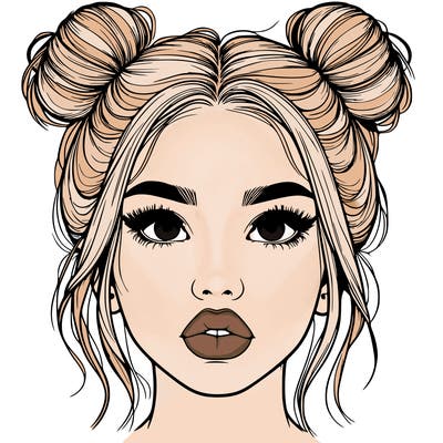 realistic girl with two buns on her hair and lips