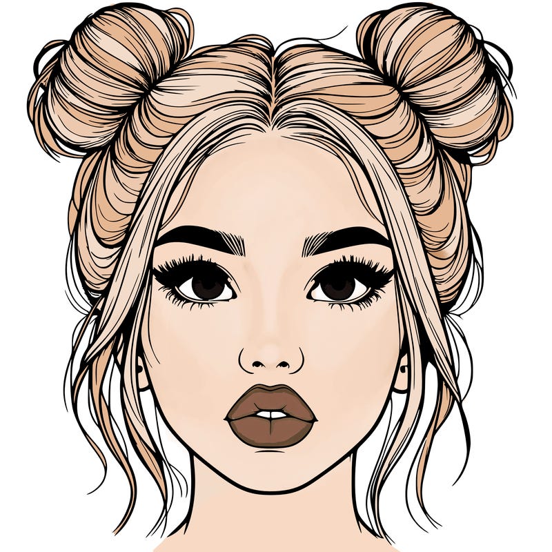 realistic girl with two buns on her hair and lips