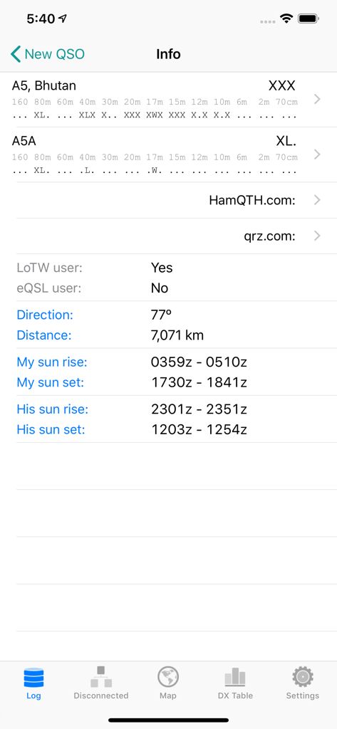 RUMlogNG2Go - Amateur radio contact information for a station in Bhutan showing distance and solar data
